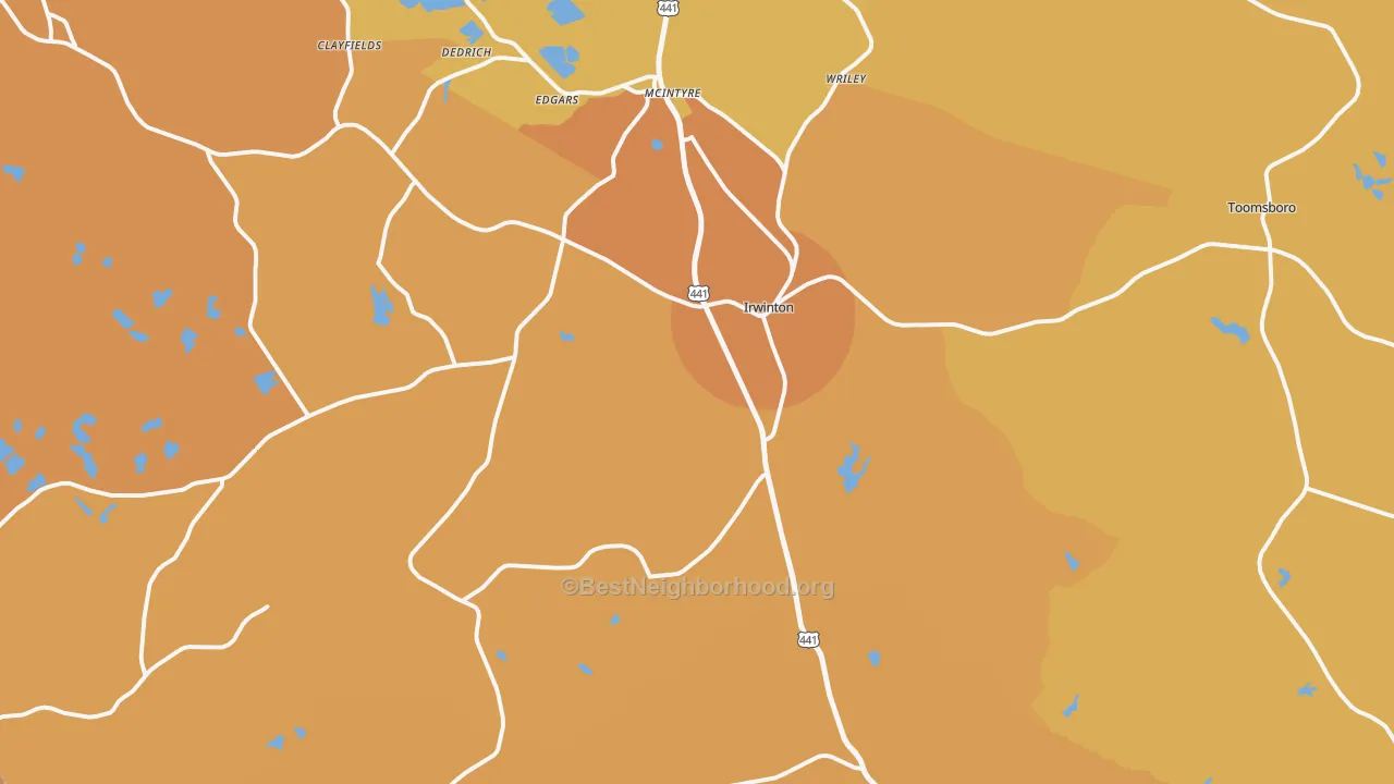 Map of the best neighborhoods in the 31042 area, with better matches in green and worse matches in red