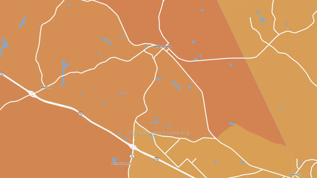 Map of the best neighborhoods in the 31044 area, with better matches in green and worse matches in red