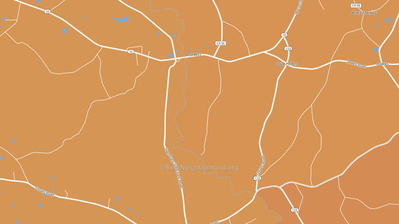 Map of the best neighborhoods in the 31045 area, with better matches in green and worse matches in red