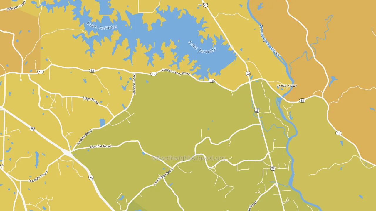 Map of the best neighborhoods in the 31046 area, with better matches in green and worse matches in red
