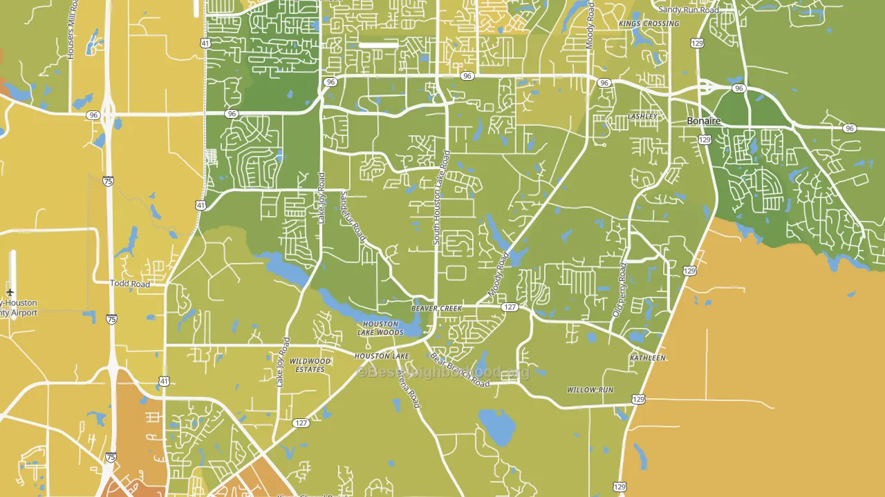 Map of the best neighborhoods in the 31047 area, with better matches in green and worse matches in red