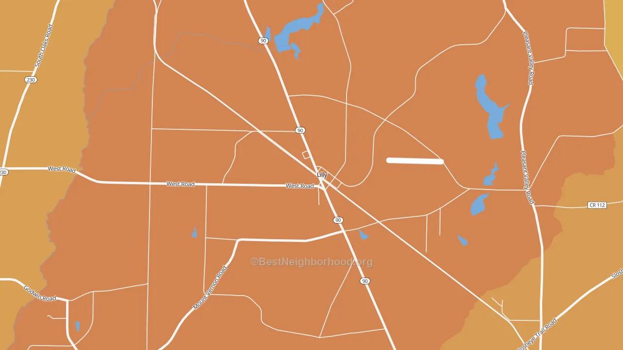 Map of the best neighborhoods in the 31051 area, with better matches in green and worse matches in red
