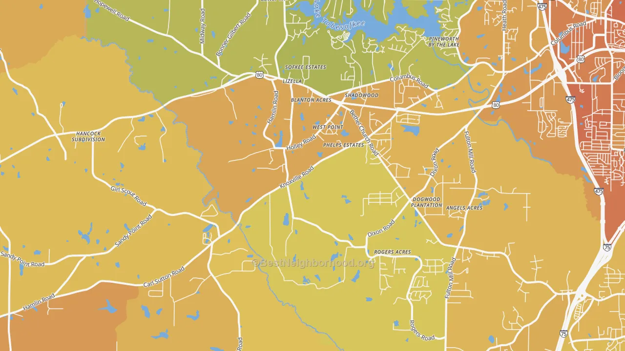 Map of the best neighborhoods in the 31052 area, with better matches in green and worse matches in red
