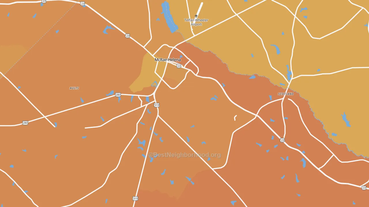 Map of the best neighborhoods in the 31055 area, with better matches in green and worse matches in red