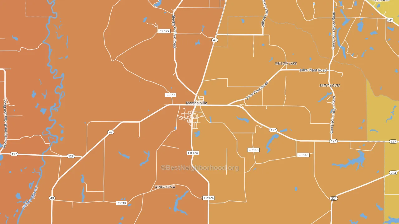 Map of the best neighborhoods in the 31057 area, with better matches in green and worse matches in red