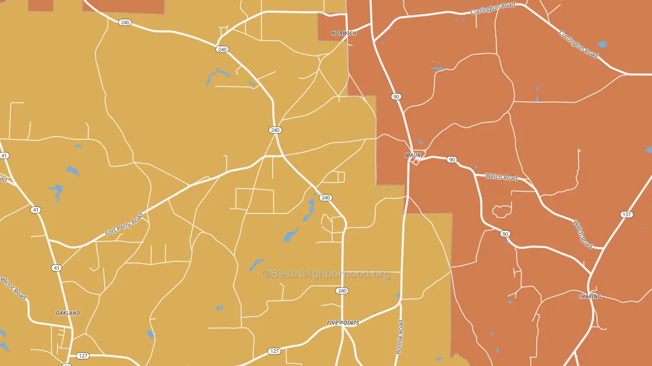 Map of the best neighborhoods in the 31058 area, with better matches in green and worse matches in red