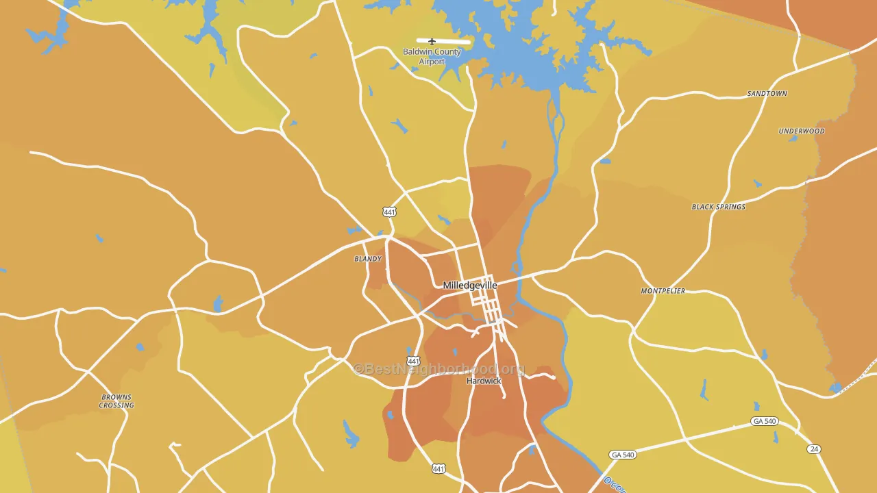 Map of the best neighborhoods in the 31061 area, with better matches in green and worse matches in red