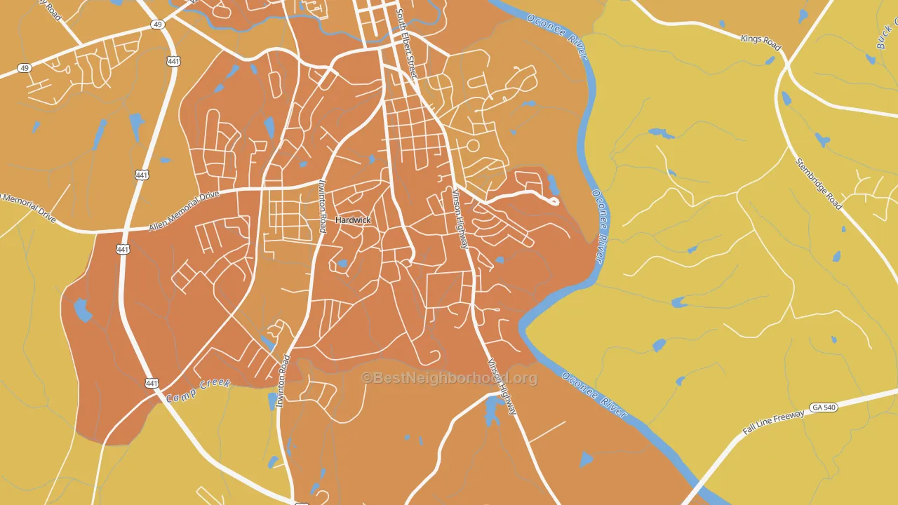 Map of the best neighborhoods in the 31062 area, with better matches in green and worse matches in red