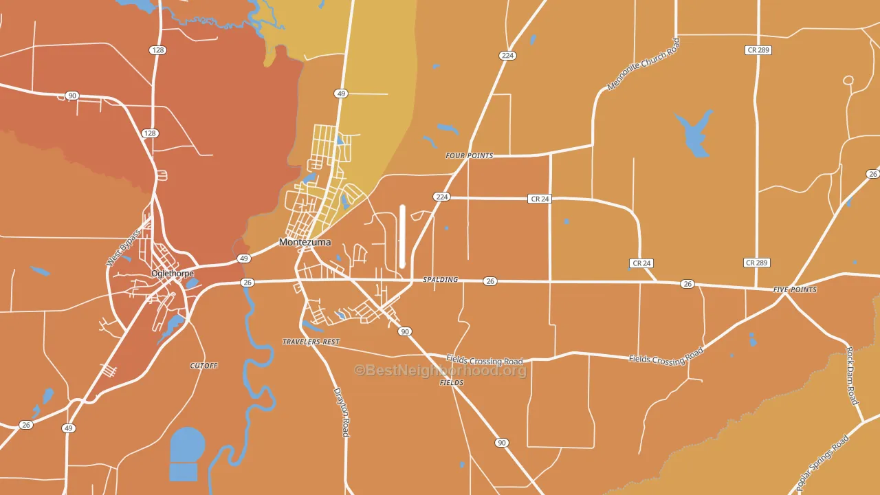 Map of the best neighborhoods in the 31063 area, with better matches in green and worse matches in red