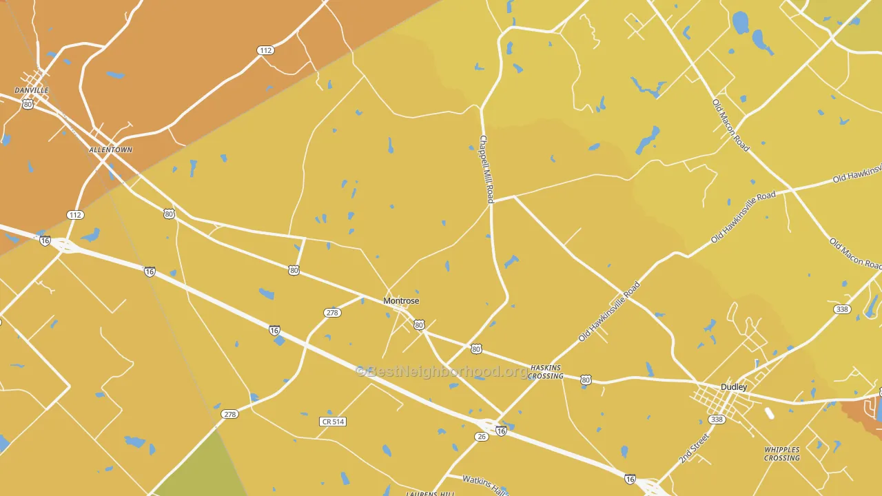 Map of the best neighborhoods in the 31065 area, with better matches in green and worse matches in red