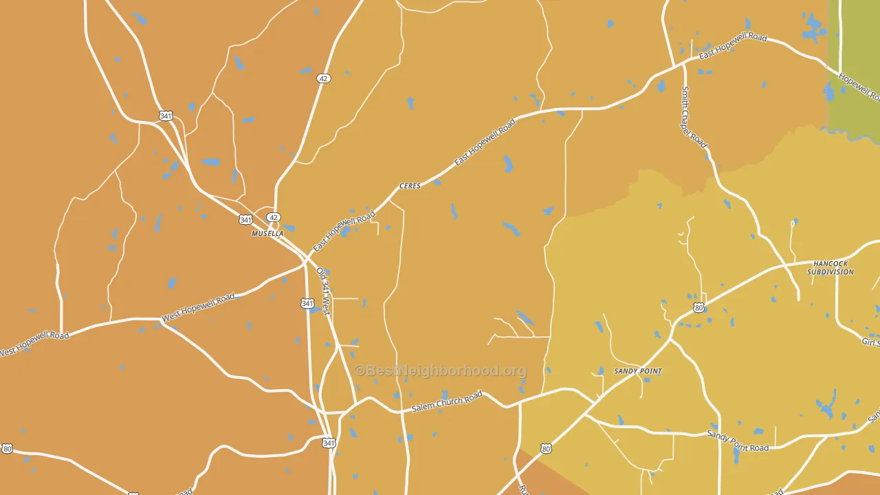 Map of the best neighborhoods in the 31066 area, with better matches in green and worse matches in red