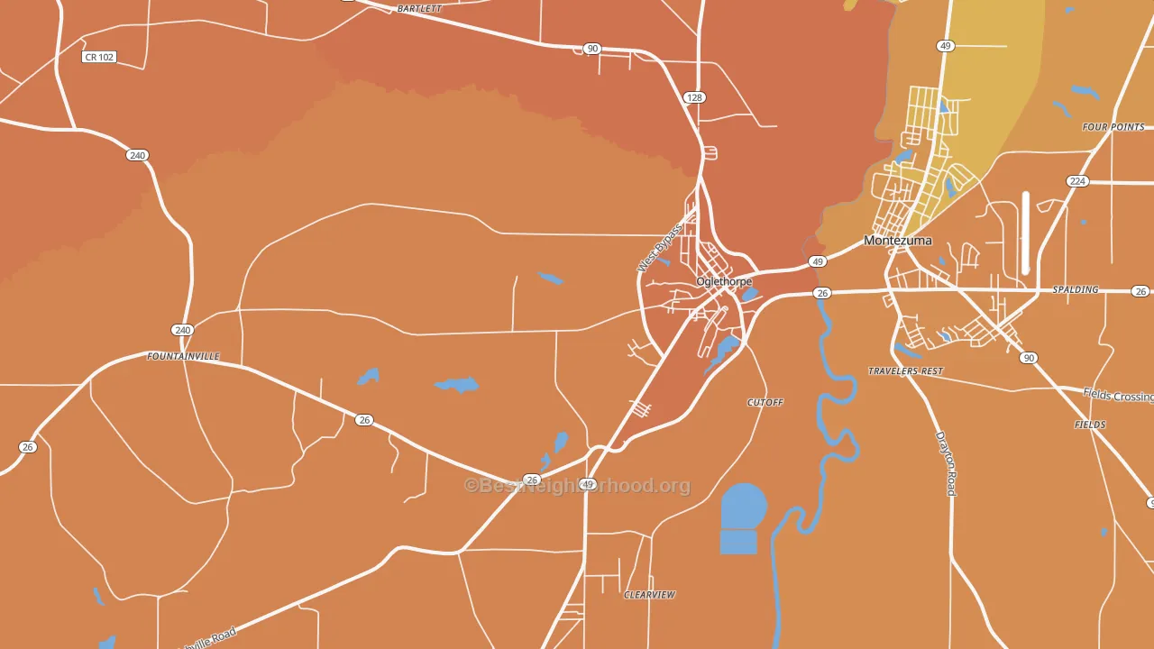 Map of the best neighborhoods in the 31068 area, with better matches in green and worse matches in red