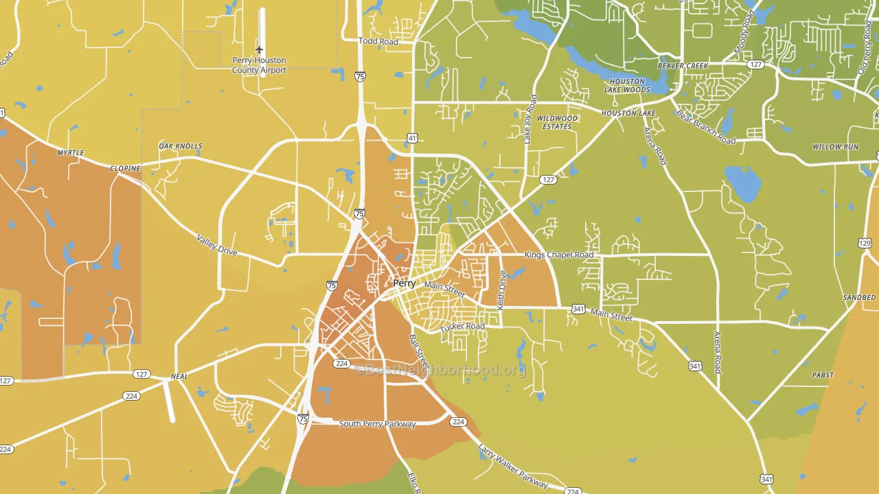 Map of the best neighborhoods in the 31069 area, with better matches in green and worse matches in red