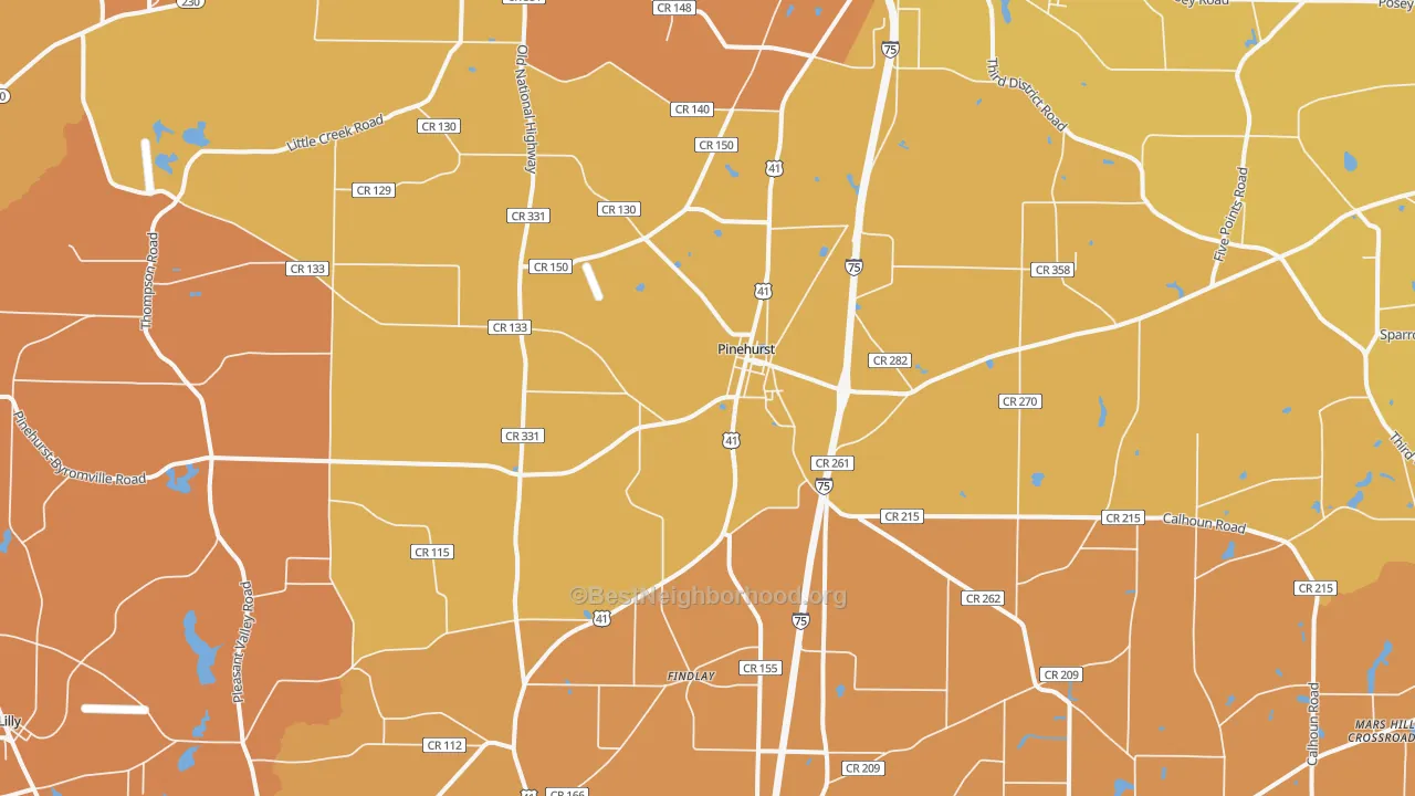 Map of the best neighborhoods in the 31070 area, with better matches in green and worse matches in red