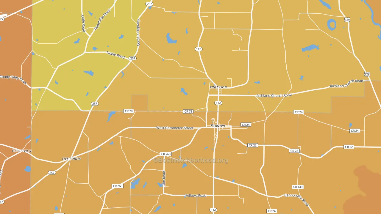 Map of the best neighborhoods in the 31071 area, with better matches in green and worse matches in red