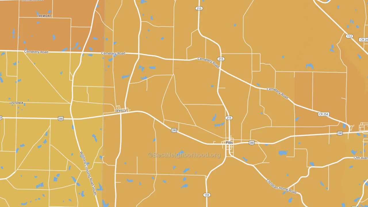 Map of the best neighborhoods in the 31072 area, with better matches in green and worse matches in red