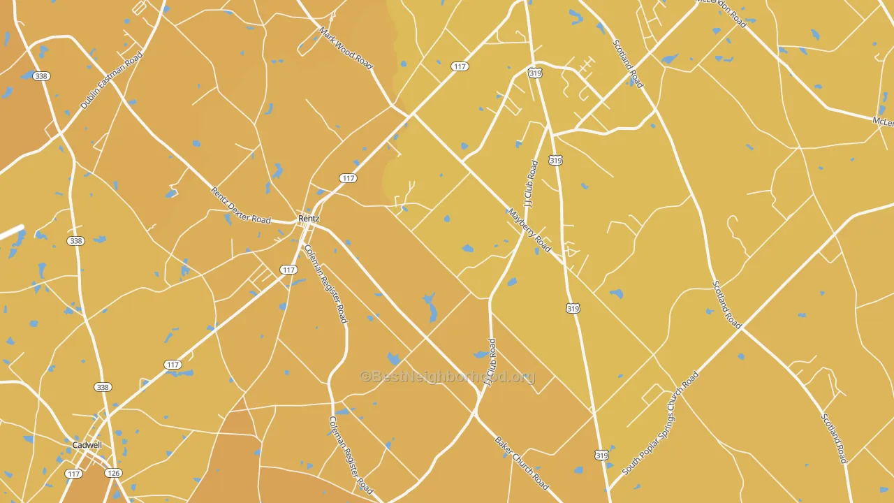 Map of the best neighborhoods in the 31075 area, with better matches in green and worse matches in red