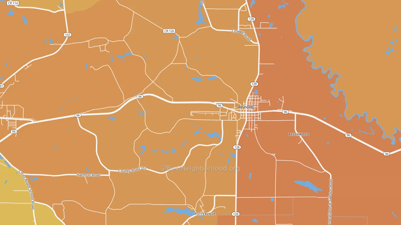Map of the best neighborhoods in the 31076 area, with better matches in green and worse matches in red