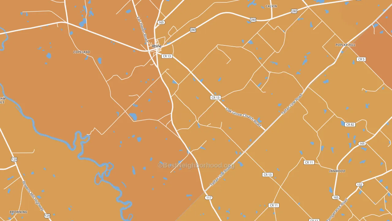 Map of the best neighborhoods in the 31077 area, with better matches in green and worse matches in red