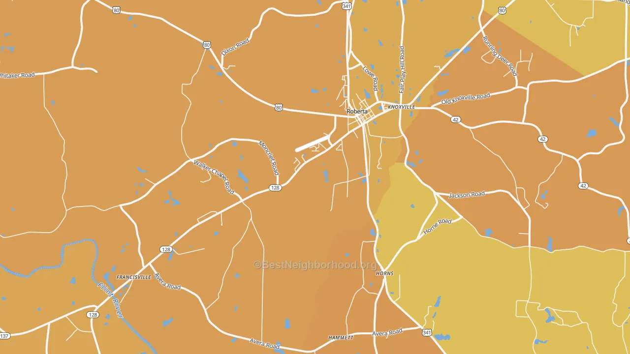Map of the best neighborhoods in the 31078 area, with better matches in green and worse matches in red