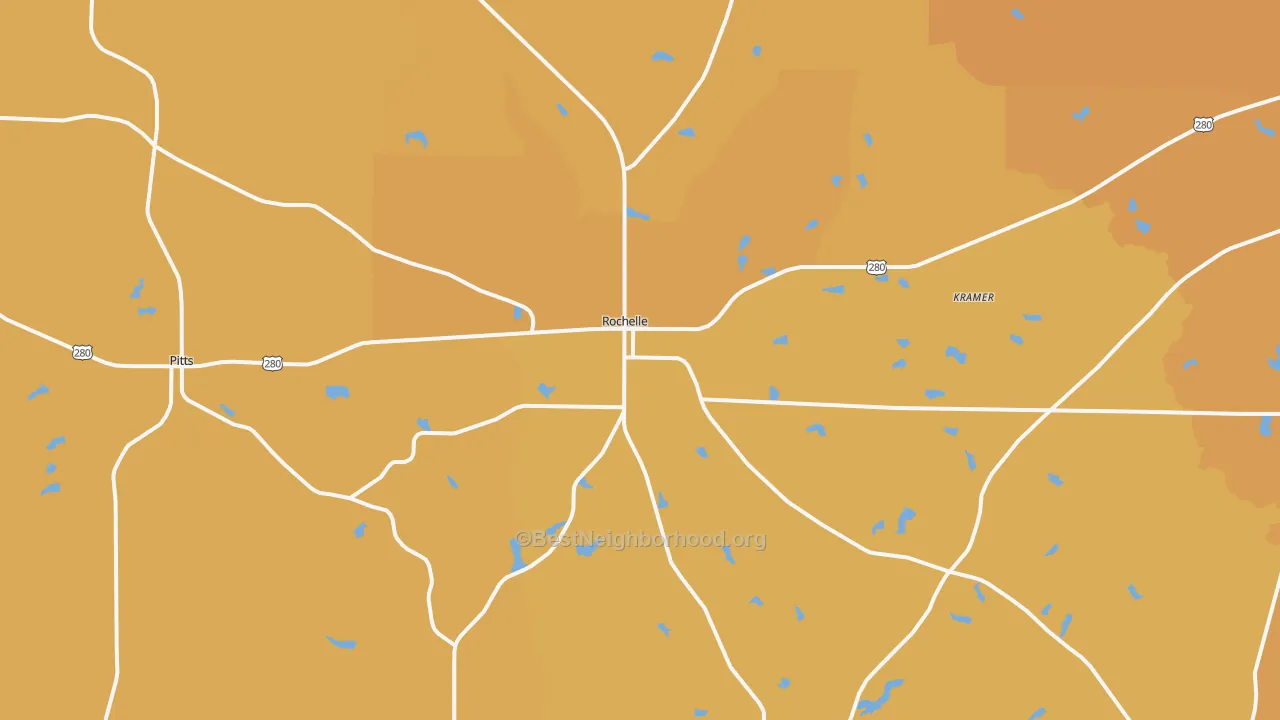 Map of the best neighborhoods in the 31079 area, with better matches in green and worse matches in red