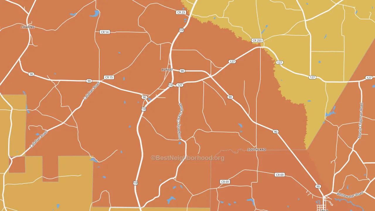 Map of the best neighborhoods in the 31081 area, with better matches in green and worse matches in red
