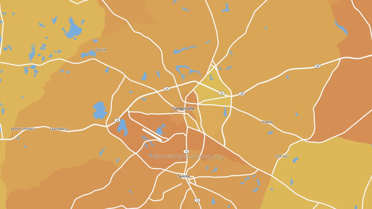 Map of the best neighborhoods in the 31082 area, with better matches in green and worse matches in red