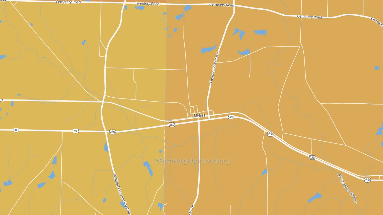 Map of the best neighborhoods in the 31084 area, with better matches in green and worse matches in red