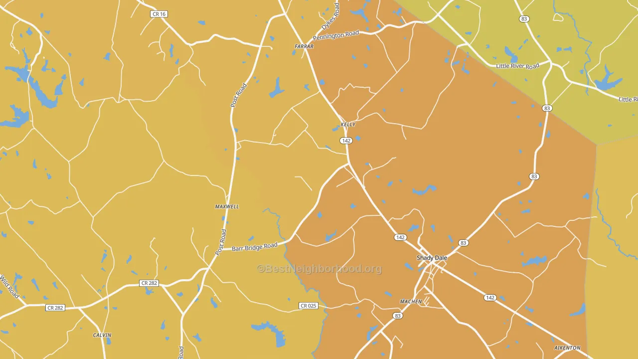 Map of the best neighborhoods in the 31085 area, with better matches in green and worse matches in red