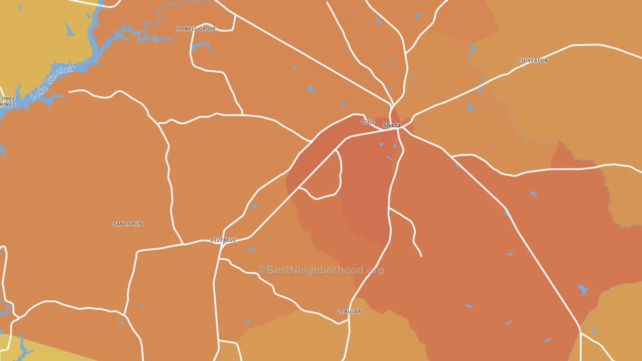 Map of the best neighborhoods in the 31087 area, with better matches in green and worse matches in red