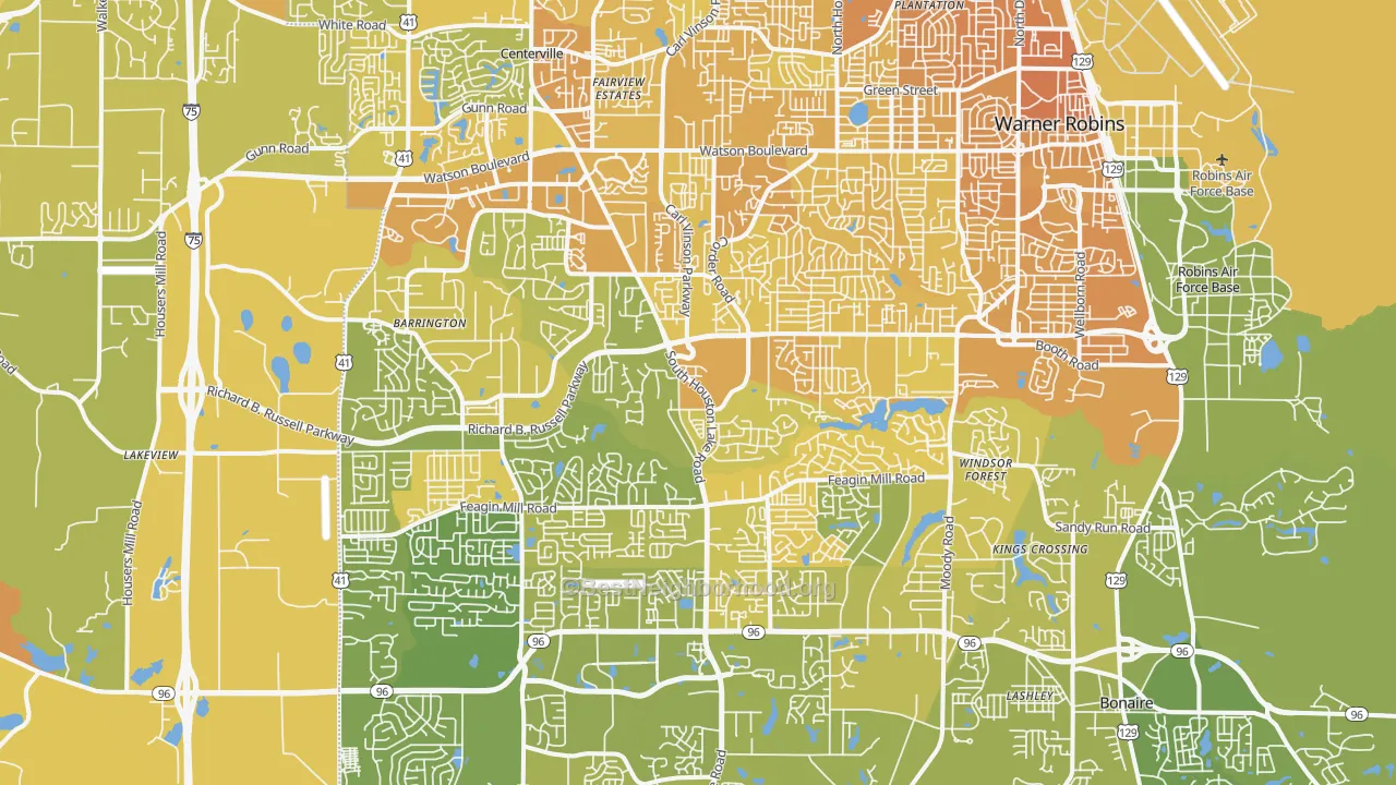 Map of the best neighborhoods in the 31088 area, with better matches in green and worse matches in red