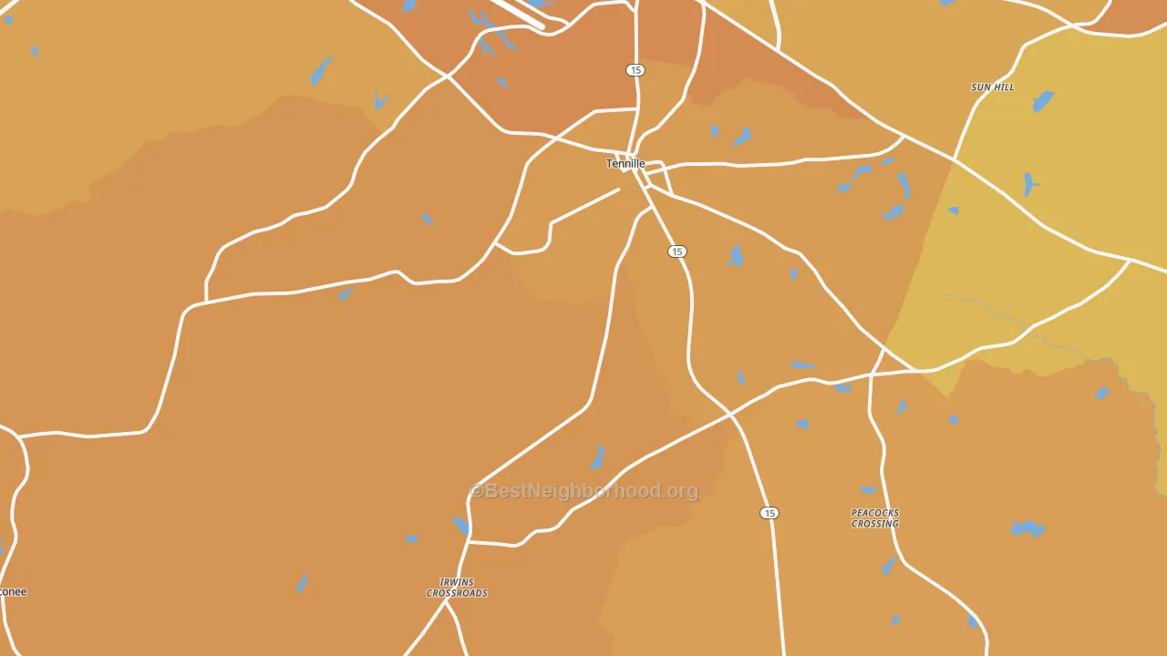 Map of the best neighborhoods in the 31089 area, with better matches in green and worse matches in red
