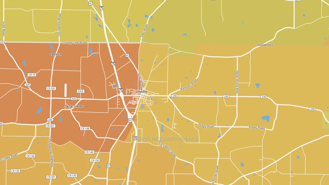 Map of the best neighborhoods in the 31091 area, with better matches in green and worse matches in red