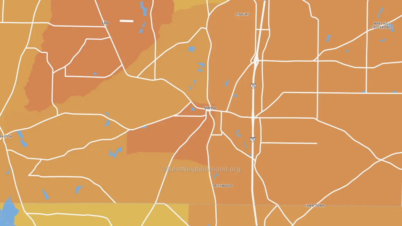 Map of the best neighborhoods in the 31092 area, with better matches in green and worse matches in red