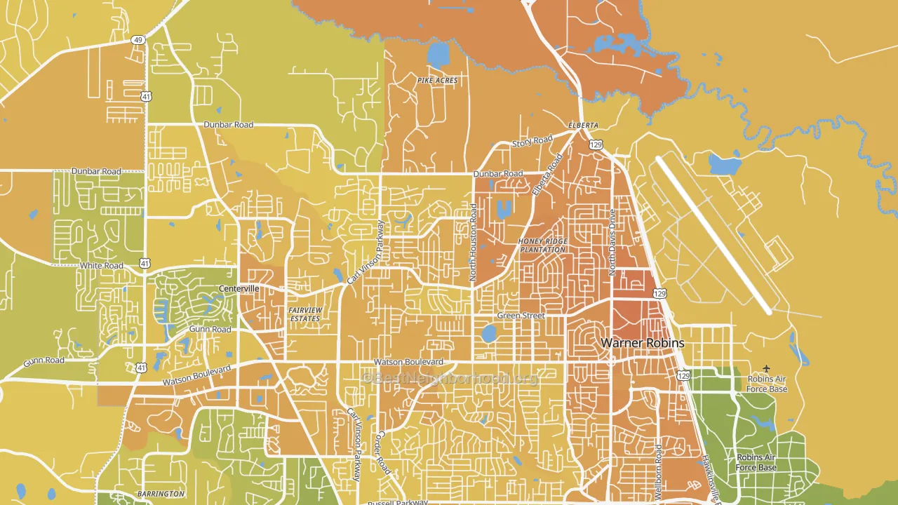 Map of the best neighborhoods in the 31093 area, with better matches in green and worse matches in red