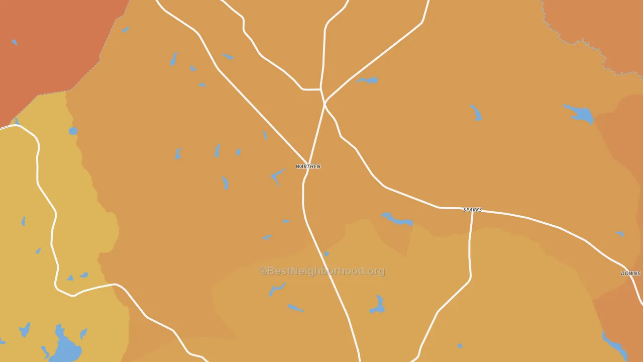 Map of the best neighborhoods in the 31094 area, with better matches in green and worse matches in red