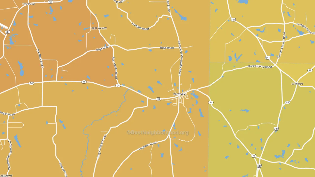 Map of the best neighborhoods in the 31097 area, with better matches in green and worse matches in red