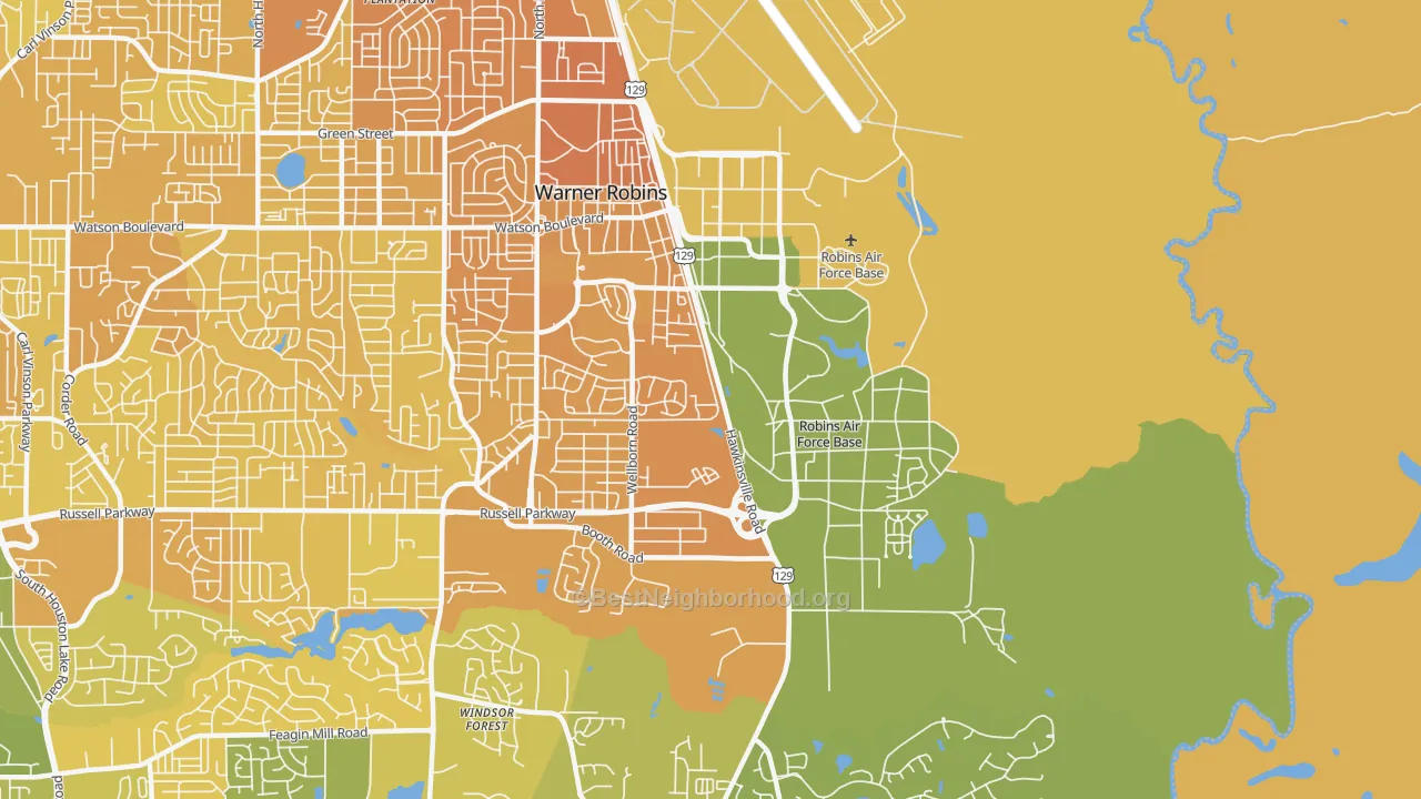 Map of the best neighborhoods in the 31098 area, with better matches in green and worse matches in red
