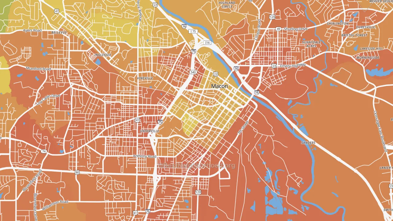 Map of the best neighborhoods in the 31201 area, with better matches in green and worse matches in red
