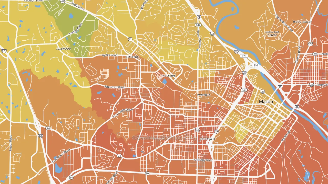 Map of the best neighborhoods in the 31204 area, with better matches in green and worse matches in red