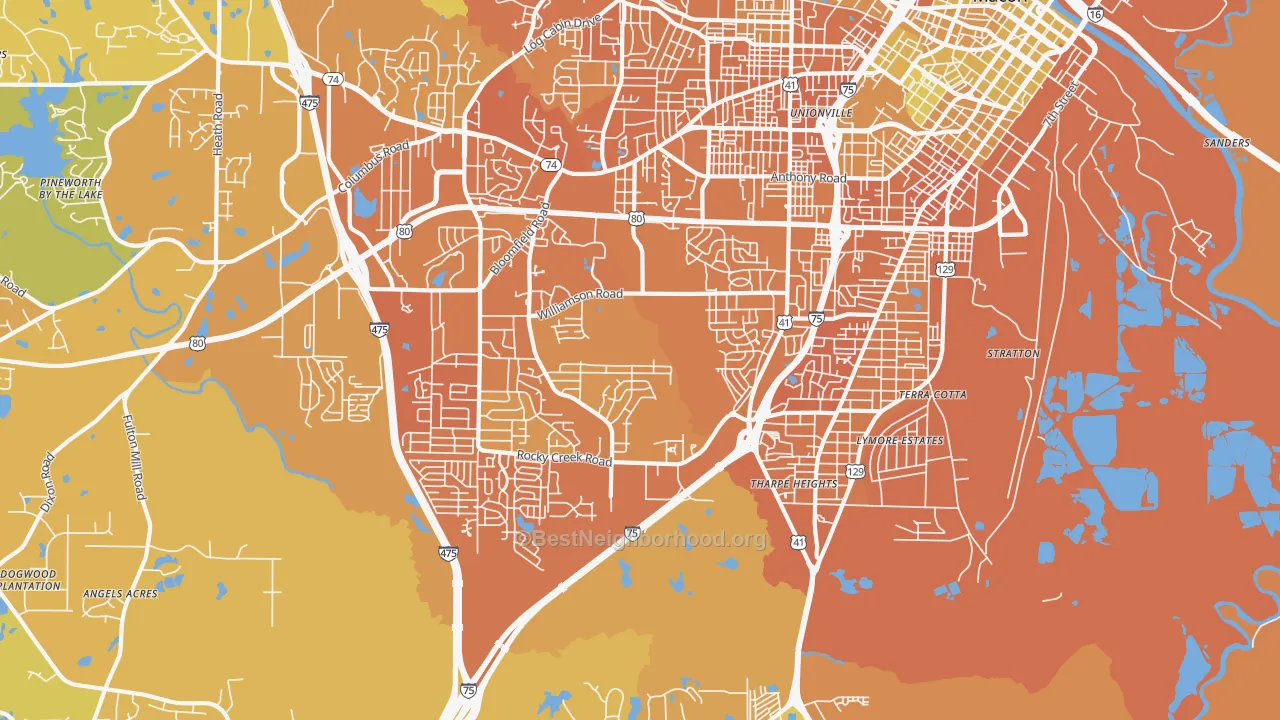 Map of the best neighborhoods in the 31206 area, with better matches in green and worse matches in red