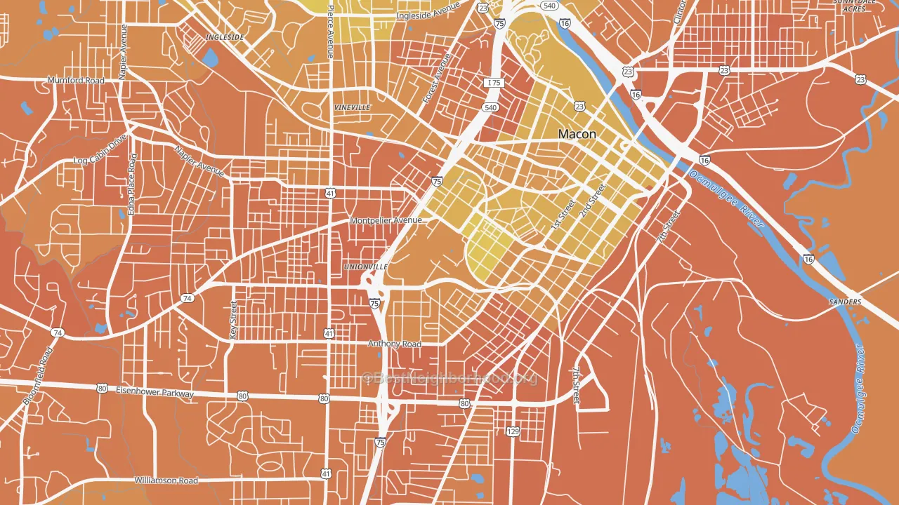 Map of the best neighborhoods in the 31207 area, with better matches in green and worse matches in red