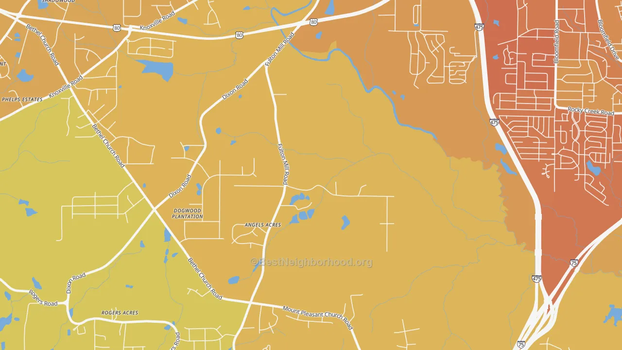 Map of the best neighborhoods in the 31208 area, with better matches in green and worse matches in red