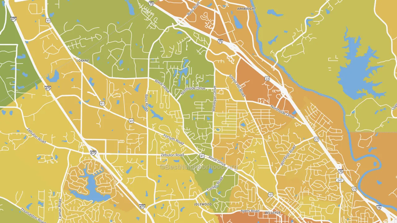 Map of the best neighborhoods in the 31210 area, with better matches in green and worse matches in red