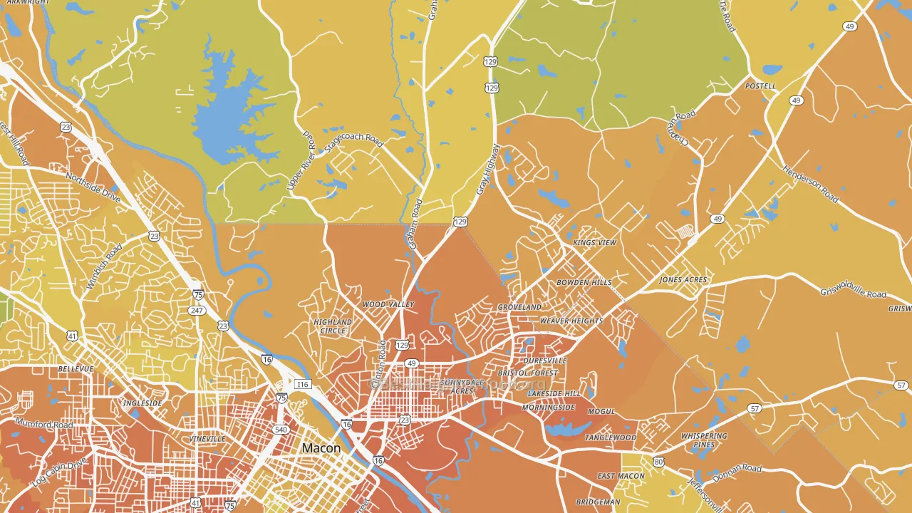 Map of the best neighborhoods in the 31211 area, with better matches in green and worse matches in red
