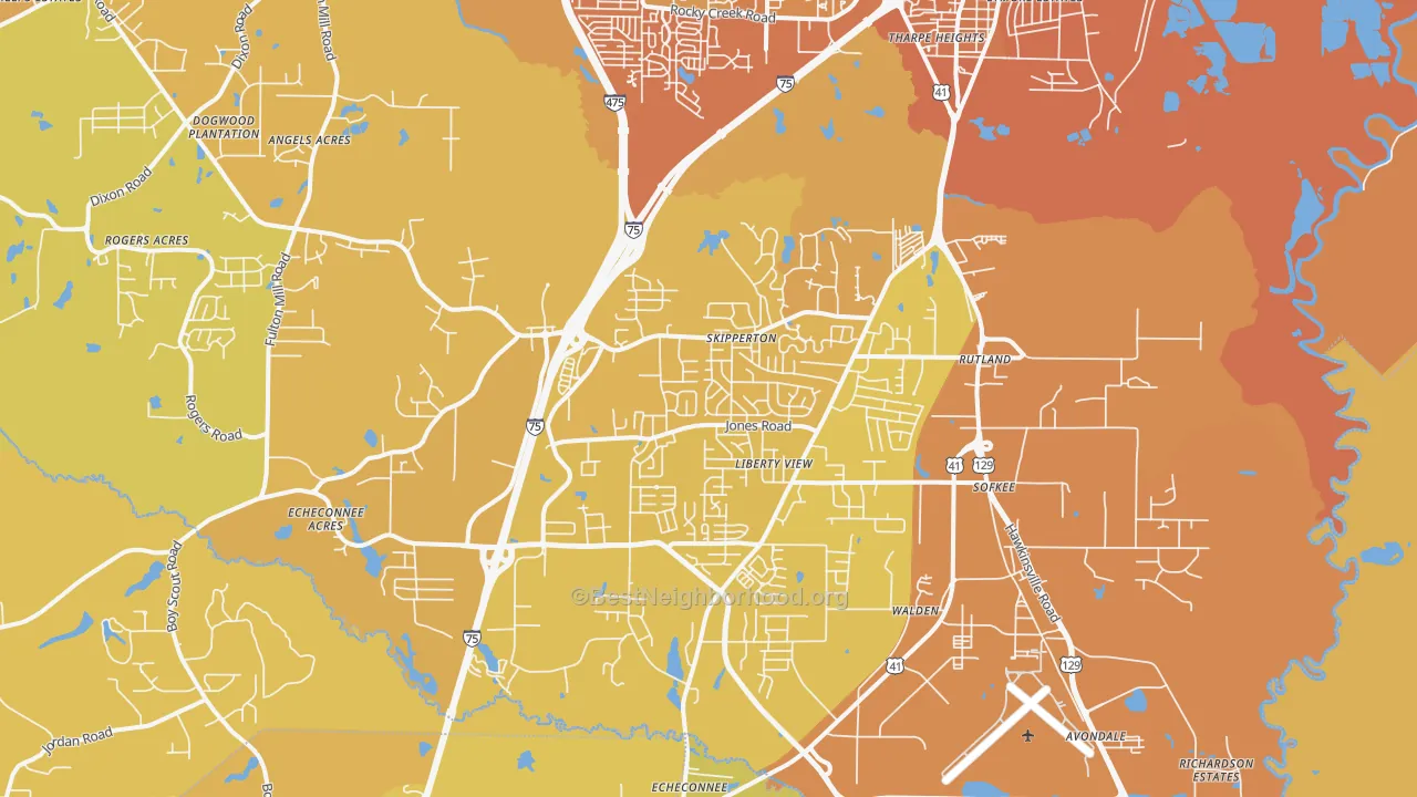 Map of the best neighborhoods in the 31216 area, with better matches in green and worse matches in red