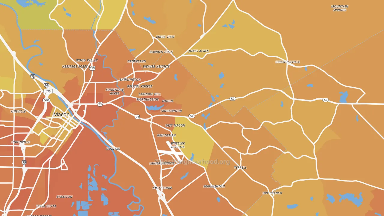 Map of the best neighborhoods in the 31217 area, with better matches in green and worse matches in red