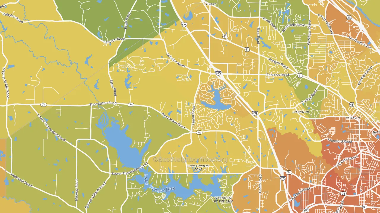 Map of the best neighborhoods in the 31220 area, with better matches in green and worse matches in red