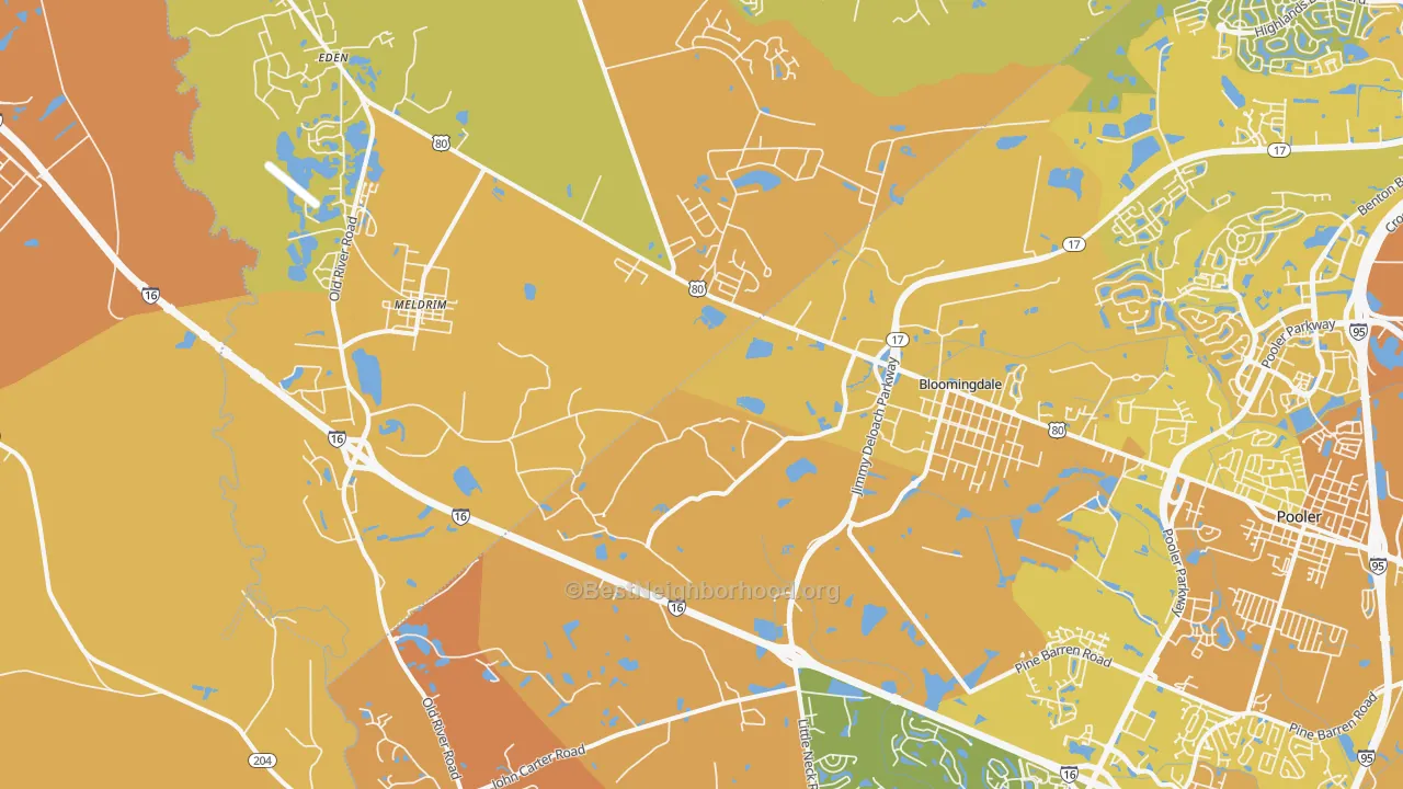 Map of the best neighborhoods in the 31302 area, with better matches in green and worse matches in red