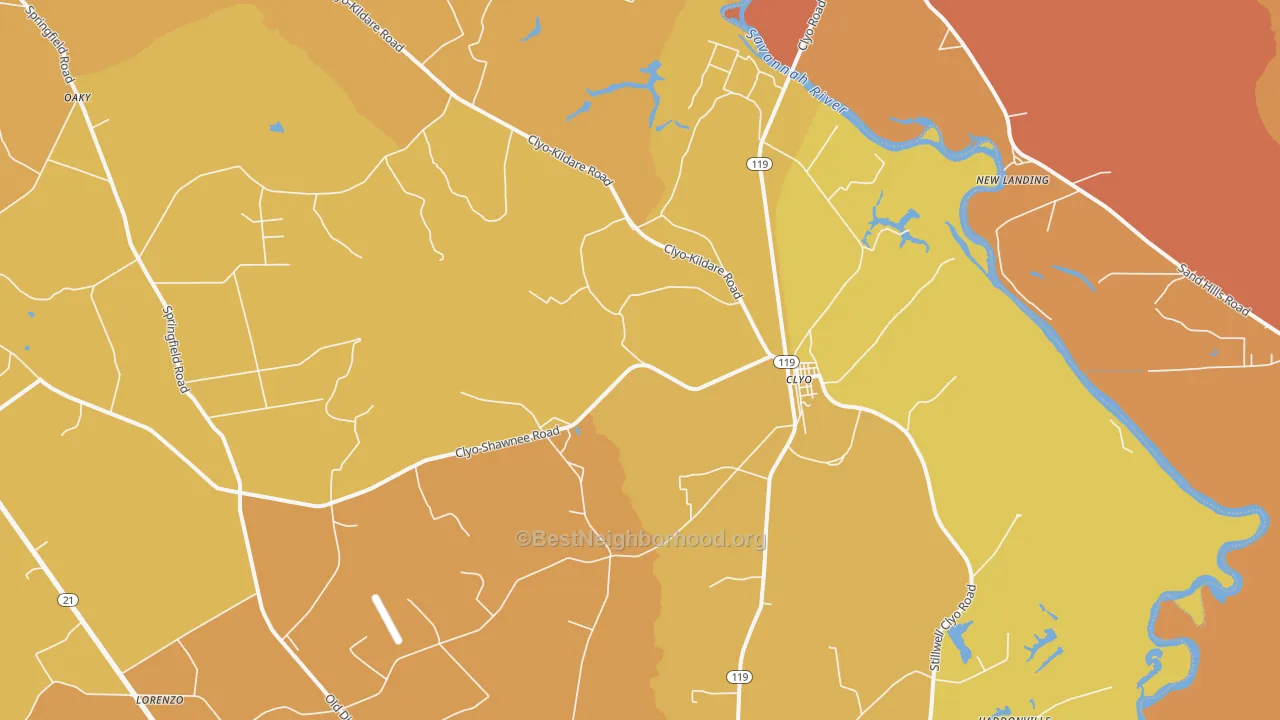 Map of the best neighborhoods in the 31303 area, with better matches in green and worse matches in red